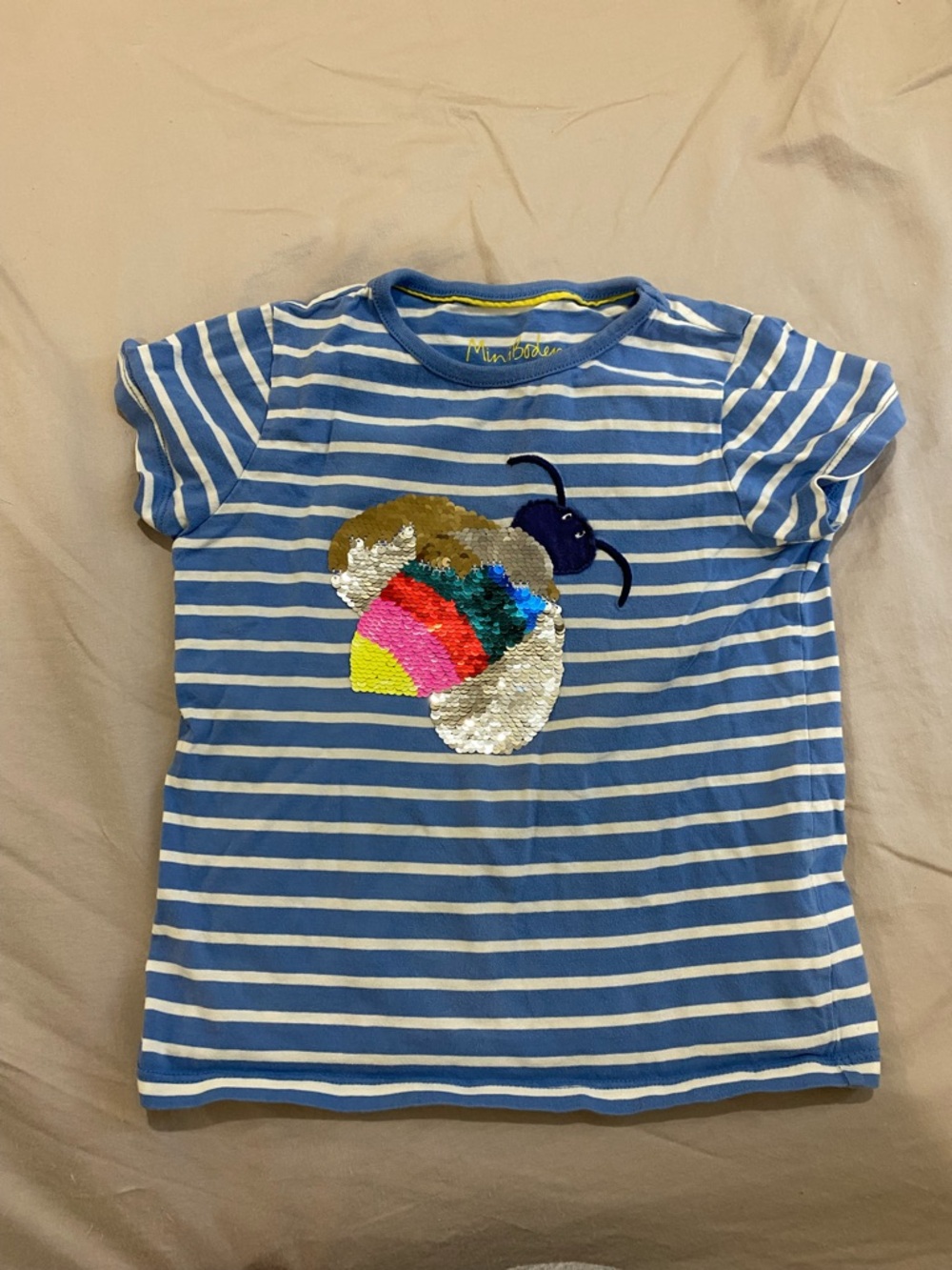 Mini Boden Blue and White Stripe Bee Sequin Tee